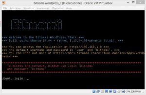 Finestra di primo avvio della macchina virtuale Bitnami