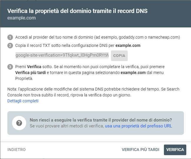 Google Search Console - Verifica proprietà dominio tramite record DNS