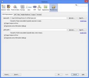 fig.6 - Opzioni per i CSS preprocessor in NetBeans