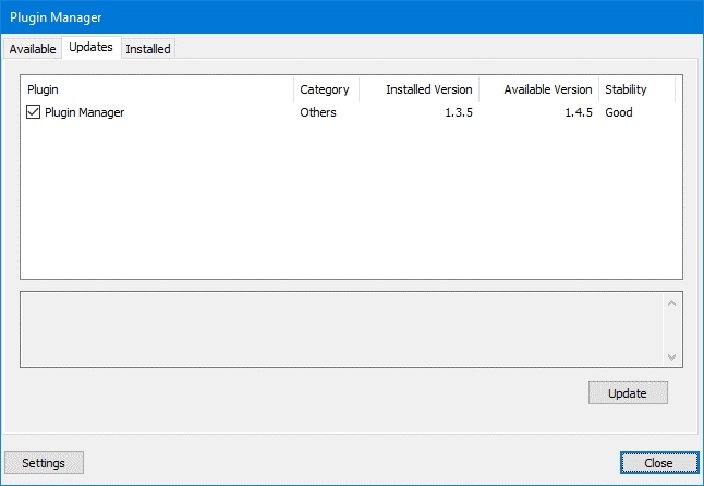 Notepad ++: finestra Updates del Plugin Manager
