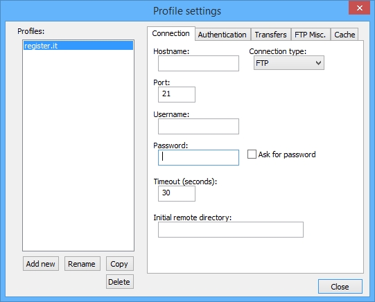 Notepad++: Finestra Profile settings di NppFTP